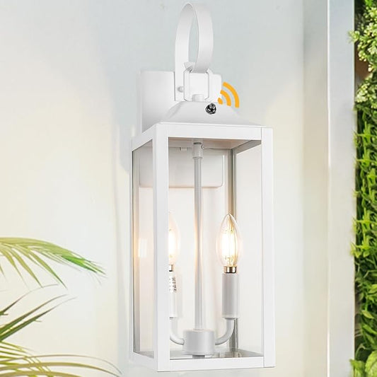 White Dusk to Dawn Outdoor Wall Lantern 2-Light, 19" Large Outside Modern Wall Sconce Light Fixture, Industrial Porch Light Wall Mount with Glass, Waterproof Farmhouse Exterior Lamp Lighting
