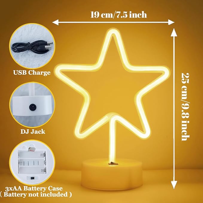 Star Neon Sign with Base, Warm White LED Neon Light, Battery & USB Power Supply, Star LED Light for Home, Bedroom, Study, Store Table, Party Decor, Birthday, Christmas Gifts for Kids, Girls, Boys