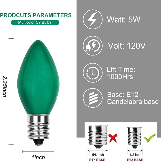 C7 Green Replacement Incandescent Light Bulbs, 5W C7 Vintage Edison Bulbs, C7 E12 Candelabra Base for Christmas String Light (25 Pack)