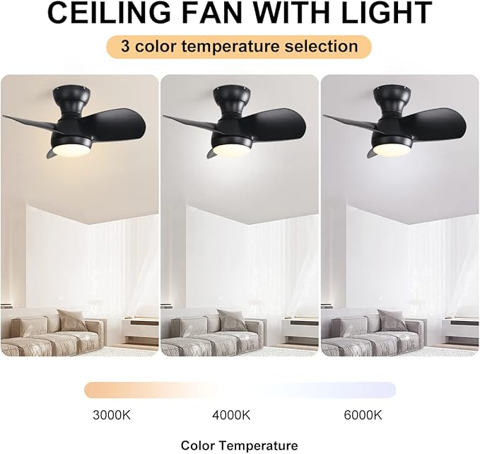 23" Black Small Ceiling Fan with Light, DC Motor,LED, Mini Flush Mount Ceiling Fan with Lights Low Profile Ceiling Fans for Patios Waterproof Kitchen Dining Room Bedroom