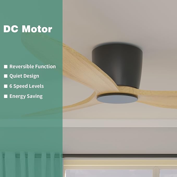 Flush Mount Ceiling Fan no light with Remote, 52 inch Low Profile Wood Ceiling Fan without light for Outdoor, Bedroom, Natural Wood and matte Black, DC Motor, 6 Speed