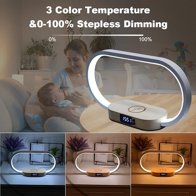 Donewin Bedside Lamp with USB Port,Bedroom Lamp with Wireless Charger,Nightstand Lamp with Clock,Table Lamps for Nightstand,Touch Lamps for Bedroom,Wood Decor,Stepless Dimming&3 Color Modes