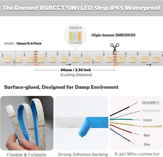 IP65 Waterproof RGBCCT LED Strip, 24V 5m 16.4ft 5050 560 LEDs 12mm Width Flex Cut to Length Dimmable RGBWW LED Strip Light for Damp Environment (16.4Ft IP65 Waterproof)