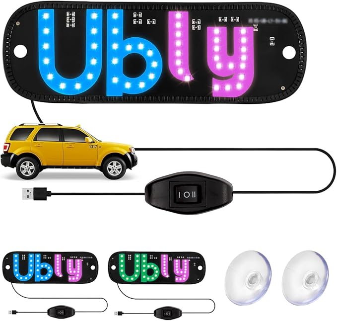 LED Light Sign for Car Windshield, LED Car Sign Decal with Suction Cups, USB Plug for Vehicle, Trucks, SUVs, Vans (Pink - Blue)