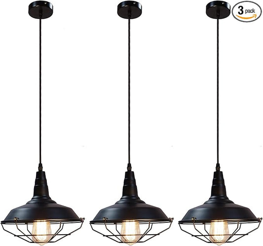 Black Pendant Light fixtures 10.5 inches 3 Packs, Matte Pendant Lights Kitchen Island, Industrial Pendant Light, Vintage Farmhouse Pendant Lights for Dinning Room Entryway Barn
