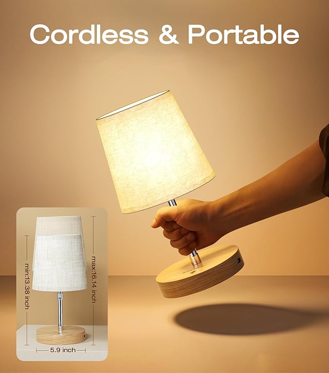 Cordless Rechargeable Lamp - 4000mAh Battery Operated Table Lamp & Power Bank, Touch Dimmable Adjustable Desk Lamp LED Night Light Portable for Patio Camping Restaurant Home, Solid Wood