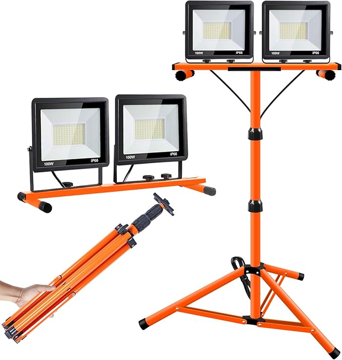 21000 Lumen Work Lights with Stand, 2 Adjustable Head LED Work Light, with Adjustable and Foldable Tripod Stand, Waterproof Lamp with Individual Switch with 6500 Kelvin Color Temperature