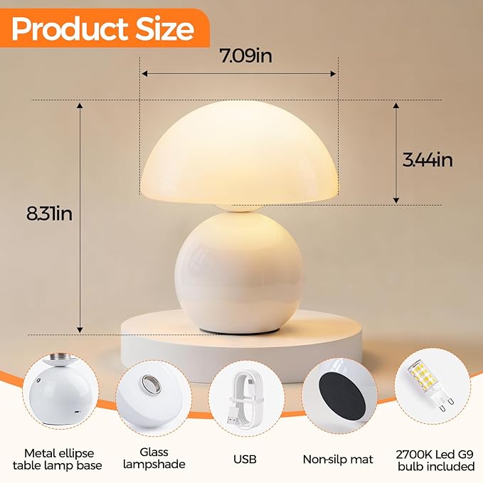 NIORSUN Wireless Mushroom Lamp Set of 2,Table Lamp for Bedroom, Portables Cordless Lamps,Wireless Light,Bedside Table Lamp for Living Room,Mini Mushroom 5200mAh Battery Operated Lamps Modern (White)