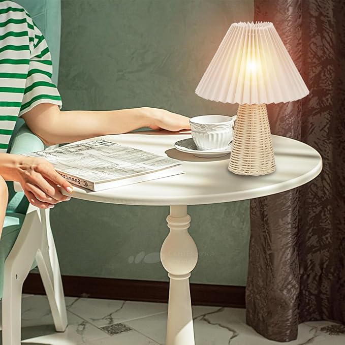 Small Table Lamp, Pleated Table Lamp Bedside Night Lamp with Rattan Base Fabric Pleated Lampshade Vintage Design Soft Warm Light for Bedroom Decor Living Room Reading Office Dorm Coffee Shop