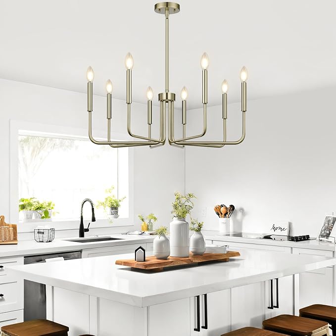 Lynnoland 8-Light Farmhouse Chandelier for Dining Room Lighting Fixtures Hanging, Brass Dining Light Fixtures Industrial Chandelier for Bedroom, Foyer, Hall, Kitchen, Living Room and Entryway