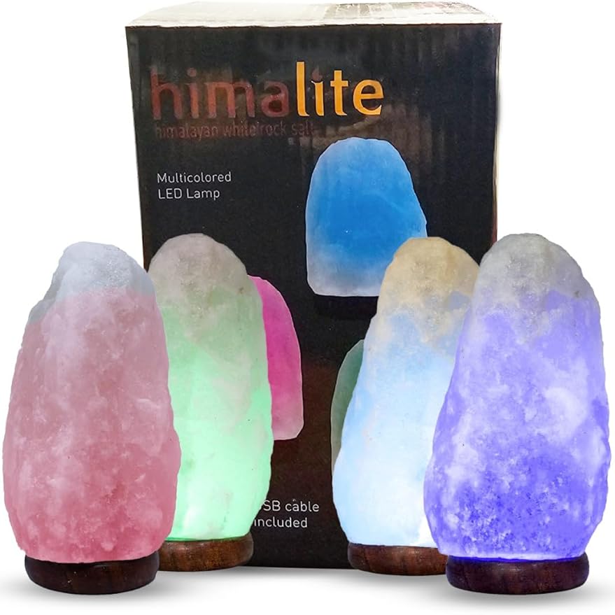 LED White-Color Changing Pure Himalayan Salt Lamp 7 Inches Tall with USB Adaptor and Wooden Base Himalite Carnival of Lights White_salt_Lamp