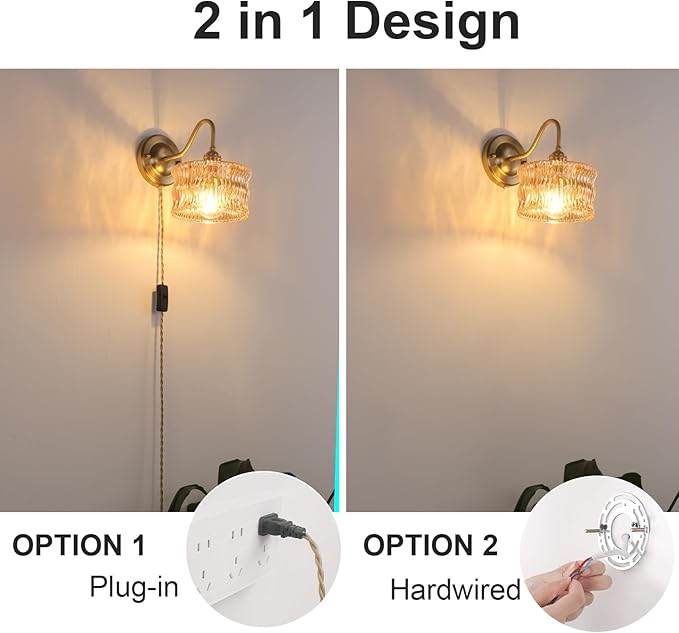 Plug in Wall Sconce Set of 2, Gold Vintage Wall Lights with Amber Ripple Glass Shade, Indoor Brass Corded Wall Lamp Fixture for Bedroom Living Room Bathroom Hallway