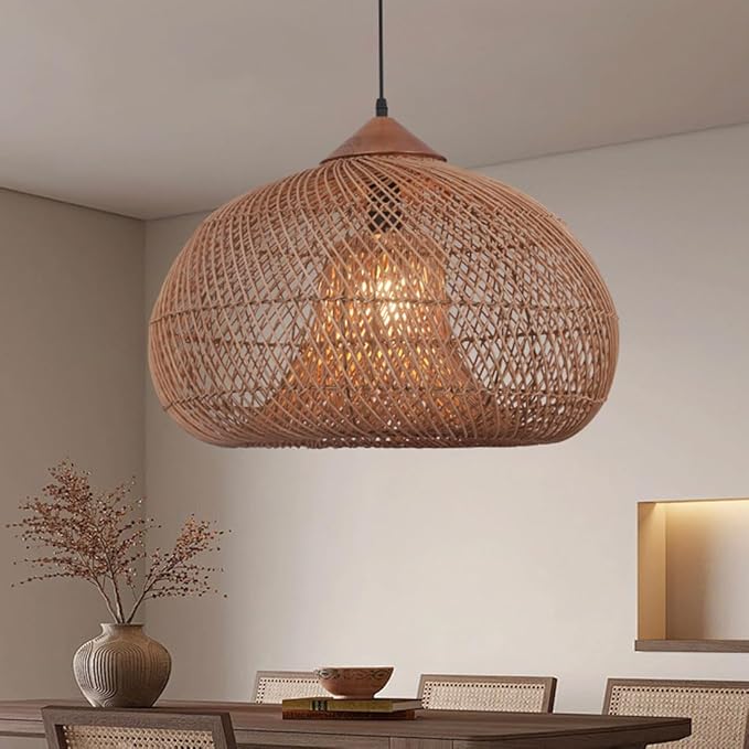 Large Pendant Light, 19.7inch Vintage Rattan Chandelier Hand Woven Farmhouse Ceiling Hanging Lighting Fixture for Kitchen Island Dining Room Living Room