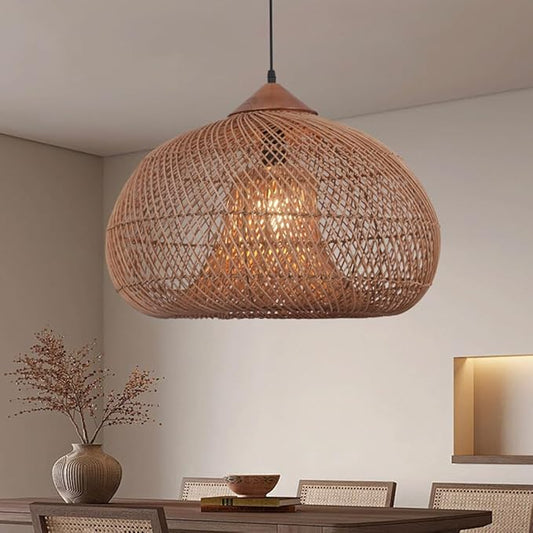 Large Pendant Light, 19.7inch Vintage Rattan Chandelier Hand Woven Farmhouse Ceiling Hanging Lighting Fixture for Kitchen Island Dining Room Living Room