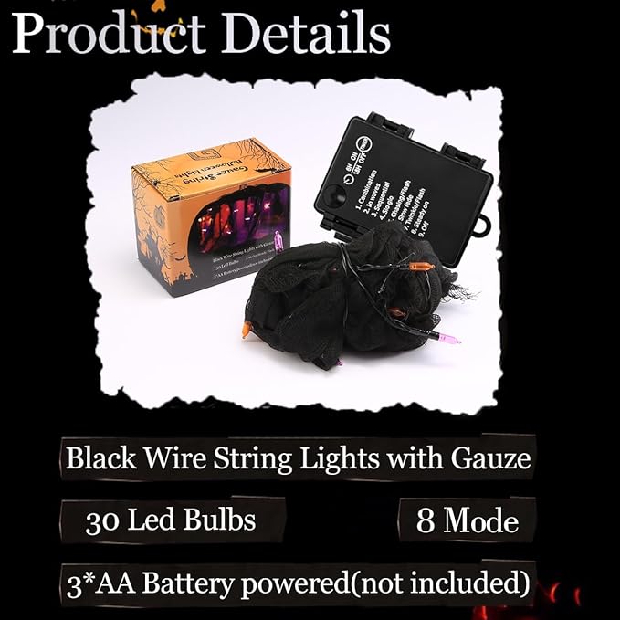 YAOZHOU Battery Powered Halloween String Lights, Orange and Purple Indoor 30LED with Black Gauze Timer, 8 Mode Battery Operated 9.9Ft Creepy Cloth Spooky Decorations, Gothic Party Room Decor (1PACK)