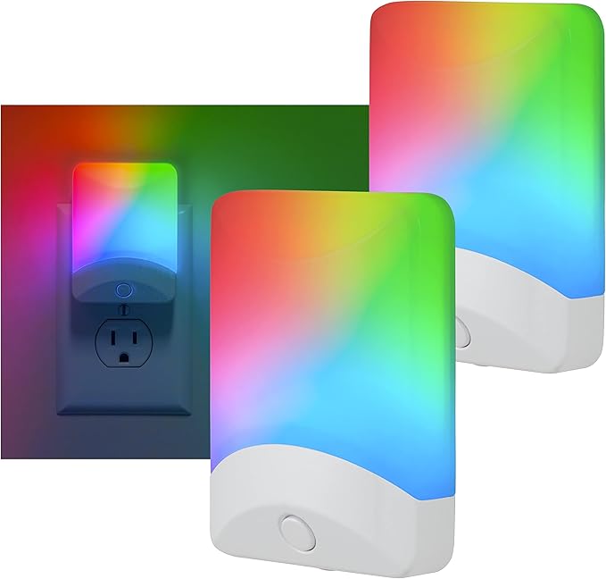 GE Color Changing LED Night Light for Kids, Dusk to Dawn Sensor, Home Decor Apartment Essentials, Wall Lights for Bedroom, Ambient Lighting, Nightlights Plug in, 2 Pack, 46722-P1
