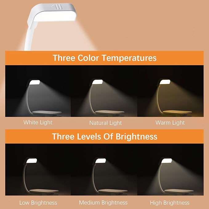 Portable LED Reading Lights, Eye Caring 3 Color Temperatures and Dimming Brightness Book Lights, Lightweight USB Rechargeable Clip-On Lamp for Book Lovers Night Reading (White)