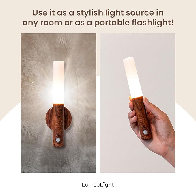 Motion Sensor Night Lights, Magnet Body Hallway Rechargeable LED Wireless Wall Sconces, Portable Decor Battery Powered Indoor Torch Lighting for Bedroom (Walnut)