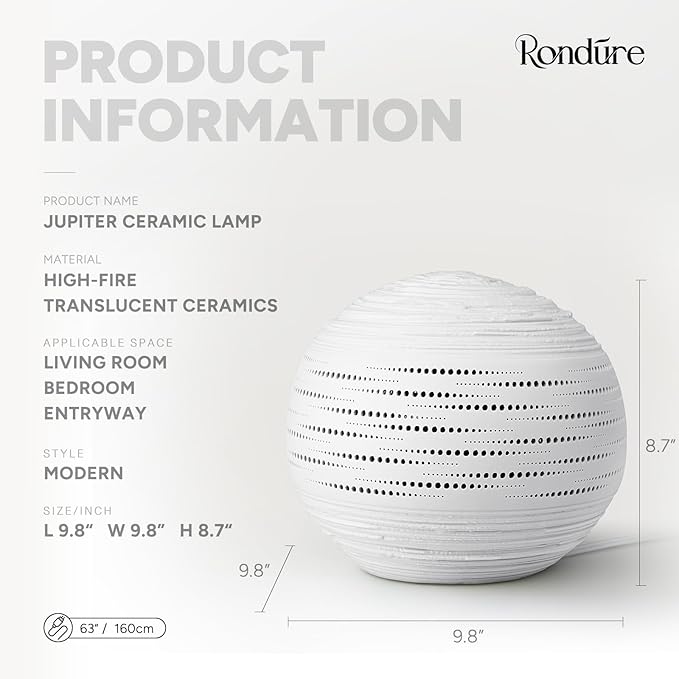 RONDURE 8.7" Modern Ceramic Table Lamp, Modern Bedside Lamps for Bedroom, Living Room and Nightstand, White Translucent Ceramic Shade, Warm Ambient Lighting, Home Decor