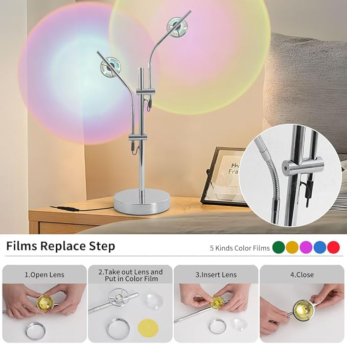 Sunset Lamp Projector, 2 Head 360° Rotation Aura Light LED Table Lamp, Mood Lighting for Bedroom, Dorm, Photography, Bar, Party