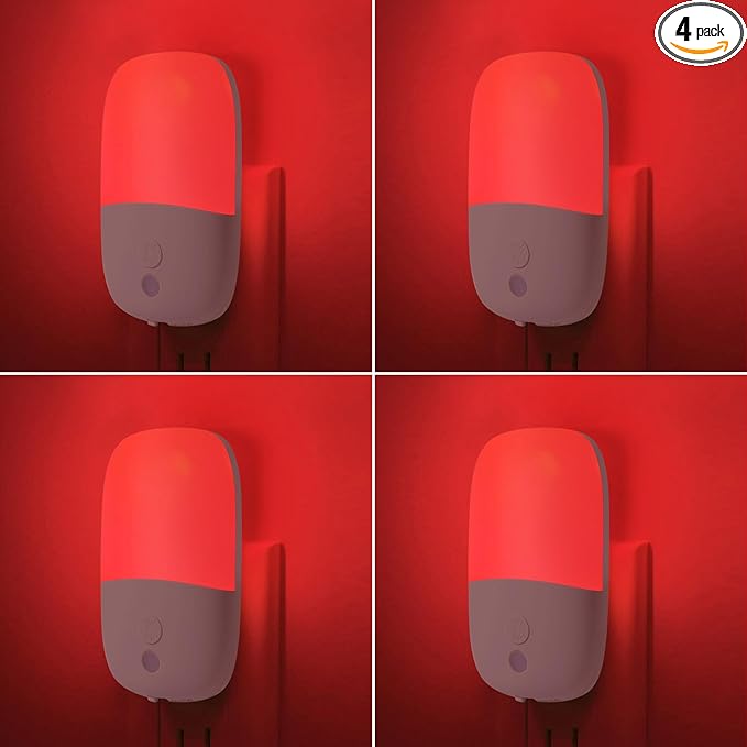 670nm Red Night Light with Retractable Plug [4 Pack] - Zero Blue Light, with Dusk to Dawn Sensor - Auto On/Off 0.3W LED Night Light Plug into Wall Pefect for Bedroom,Bathroom,Nursery,Hallway