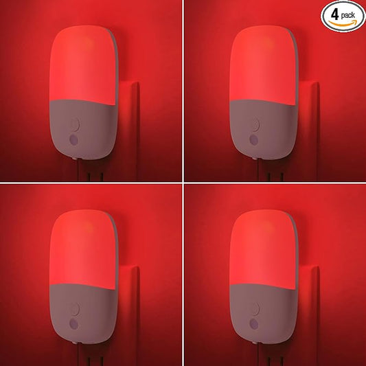 670nm Red Night Light with Retractable Plug [4 Pack] - Zero Blue Light, with Dusk to Dawn Sensor - Auto On/Off 0.3W LED Night Light Plug into Wall Pefect for Bedroom,Bathroom,Nursery,Hallway