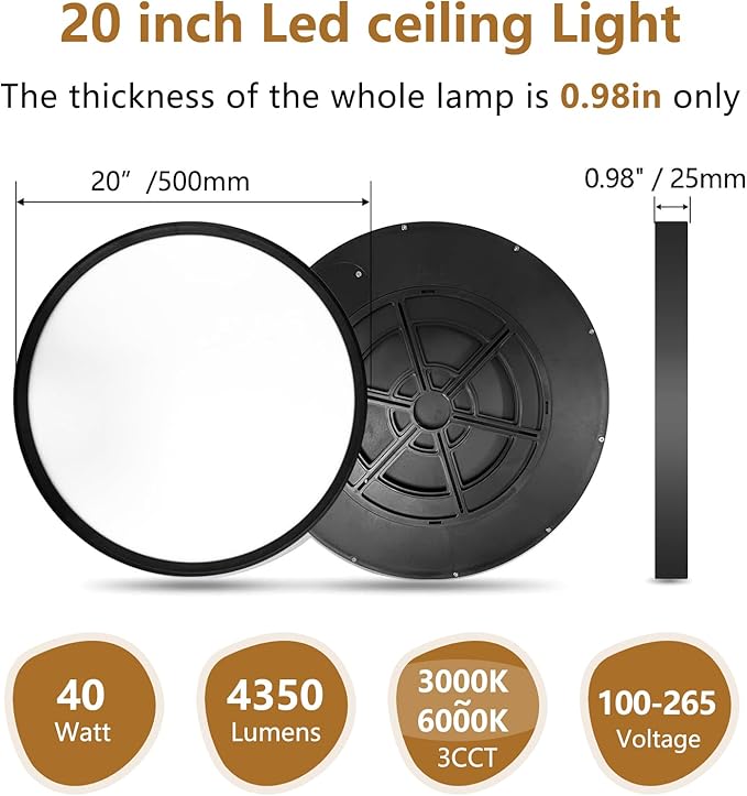 20 Inch Large LED Flush Mount Ceiling Light, 40W,4350LM, 3000K/4000K/6000K CCT Selectable, 0.98inch Super Slim Low Profile Round Flat Panel Light for Bedroom,Kitchen,Hallway(Black)