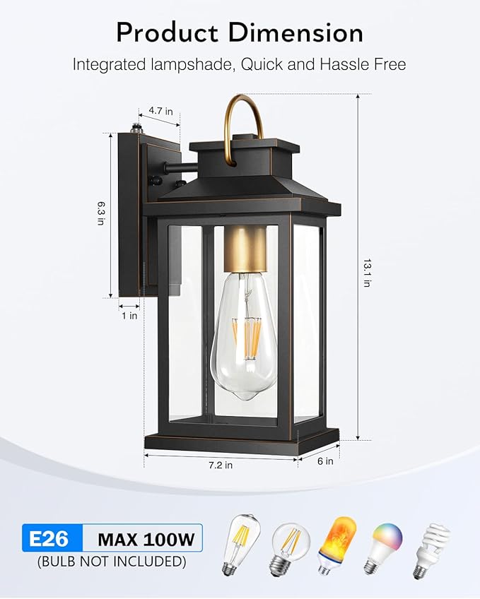 VIANIS Outdoor Wall Light Dusk to Dawn Sensor, Black Gold Accents Exterior Lighting Fixtures Wall Mount Sconce for House, Modern Porch Lights Outdoor Lantern for Patio, Outside Lights for Garage Coach