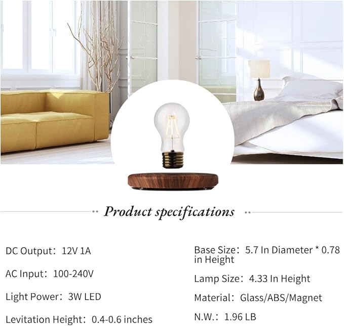 Magnetic Levitating Bulb Floating Light Lamp Night Light for Home Office Desk Ambiance Lighting Creative Gift for Birthdays, Christmas and Valentine's Day