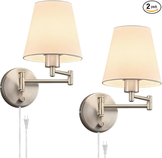 VONLUCE Wall Sconce Set of 2, Plug in & Hardwired Swing Arm Wall Lamps, Adjustable Wall Mounted Lighting Fixtures, Modern Wall Lights with Nickel Base White Fabric Shade for Bedside, Hallway, Study