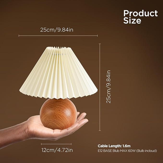 KUNJOULAM Cute Small Pleated Lamp, Modern Bedside Nightstand Light with Beige Lampshade, Wooden Pattern Metal Base Desk Lamp for Bedroom, Home Office, Living Room