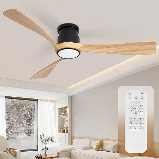 52inch Ceiling Fan with Lights,Wood Flush Mount Ceiling Fans with Remote Control,Dimmable Light,3 CCT,6 Speeds,Noiseless DC Motor,Ceiling Fan for Bedroom,Living Room,Office,Indoor,Natural Wood