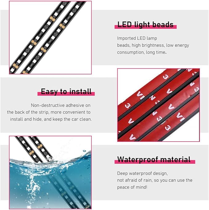 Car LED Strip Light, 24 LEDs RGB Neon Interior Atmosphere Lights, 12V Under Dash Ambient Night Light, USB Port Auto Interior Decorative Lamp, Universal Car Accessories (Red)