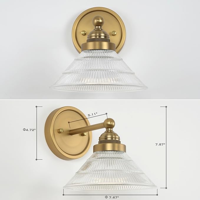HEQIQEH Vintage Battery Operated Wall Sconce with Clear Ribbed Glass Shade, Dimmable Cordless Wall Lamp with Remote Control for Indoor Bedside, Hallway, Porch, Kitchen, Vanity Bathroom（1-Pack）