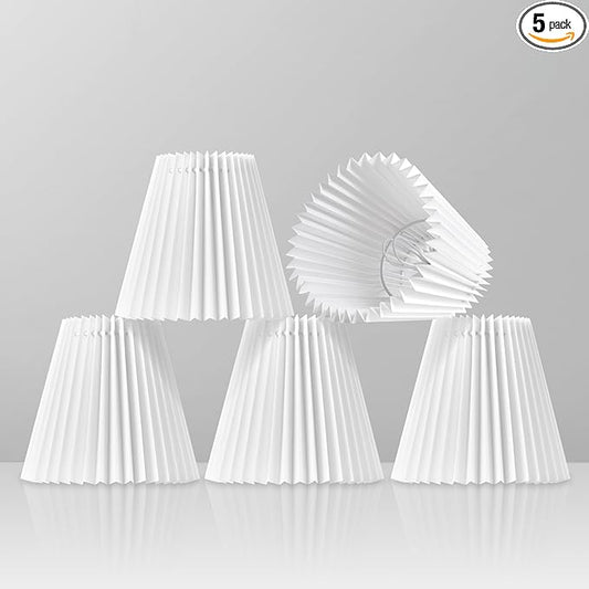 5 Pack White Pleated Chandelier Shade, 4" Top x 6" Bottom x 6" High Hardback Lampshade, 4x6x6 Inch Linen Fabric, Perfect Fit for 5-Light Pendant Light Wall Sconce, Clip On Bulb E12 Socket(Large Size)