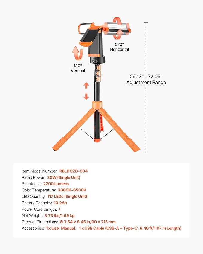 VEVOR LED Work Light with Stand, 13.2Ah, Rechargeable Cordless Camping Light, with 3 Lamp Heads, Detachable Tripod Stand, 2200 Lumens 3000K-6500K Dimmable, Portable Construction Lighting for Job Site
