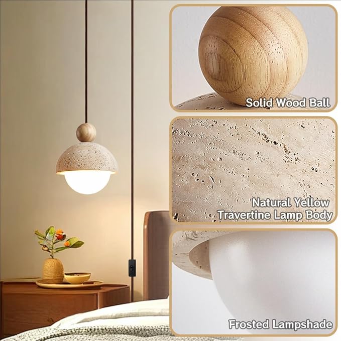 Plug In Wabi Sabi Pendant Light Japanese Retro Vintage Style Spherical Natural Stone Yellow Travertine Hanging Lamp Plug In For Girl's Room Kitchen Island Dining Room Bedroom G9 Light Mini Cement