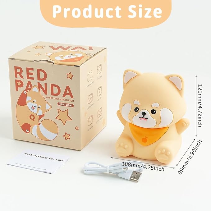 Red Panda Night Light, 50-Hour Battery & Pat Control, Squishy Silicone Lamp for Kids Nursery, USB Rechargeable with Timer, Easter Gifts