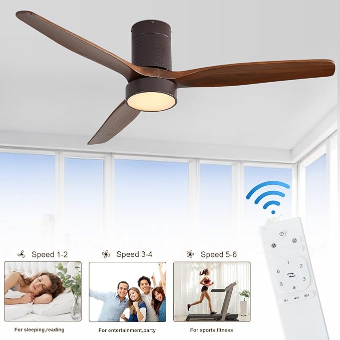 52 Inch Flush Mount Wood Ceiling Fans with Lights Remote Control, Dimmable LED Noiseless Reversible DC Motor,Solid Wood 3 Blade Brown Body