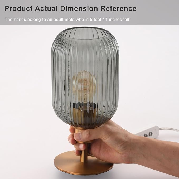 Mid Century Glass Table Lamp,Dimmable Desk Lamp,LED Bulb Included,Timer Build-in,Smoky Grey Ribbed Glass
