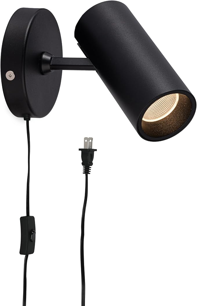 Aisilan LED Adjustable Wall Spotlight, 12W Plug-in Wall Sconce, Directional Uplight with On/Off Switch, Aluminum Spot Light Warm White 3000K COB CRI≥97, for Art Floor Ceiling Lighting, Black