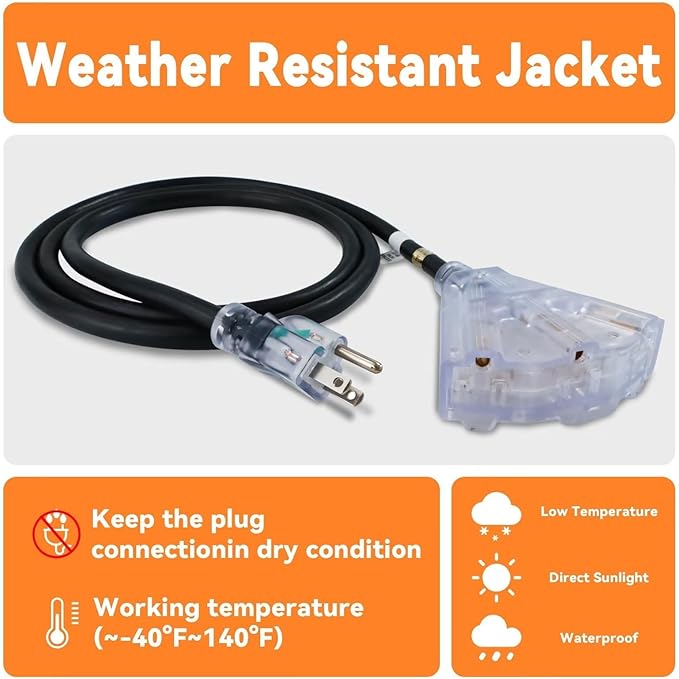 EP 15 Ft 12 Gauge Heavy Duty Extension Cord, 15A 125V 1875W, 3 Outlet Indoor/Outdoor Power Cord with Lighted End, 12/3 SJTW Weatherproof Black