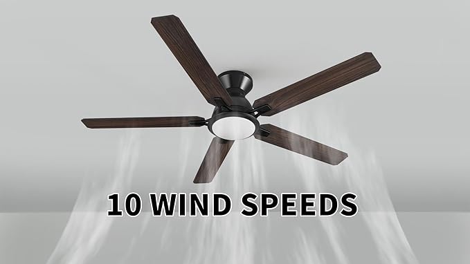 CEME Ceiling Fans with Lights, 10 Speeds DC Ceiling Fan with Remote, Modern 3 Light Colors Dimmable Low Profile for Bedroom, Living room, 52 inches, Black
