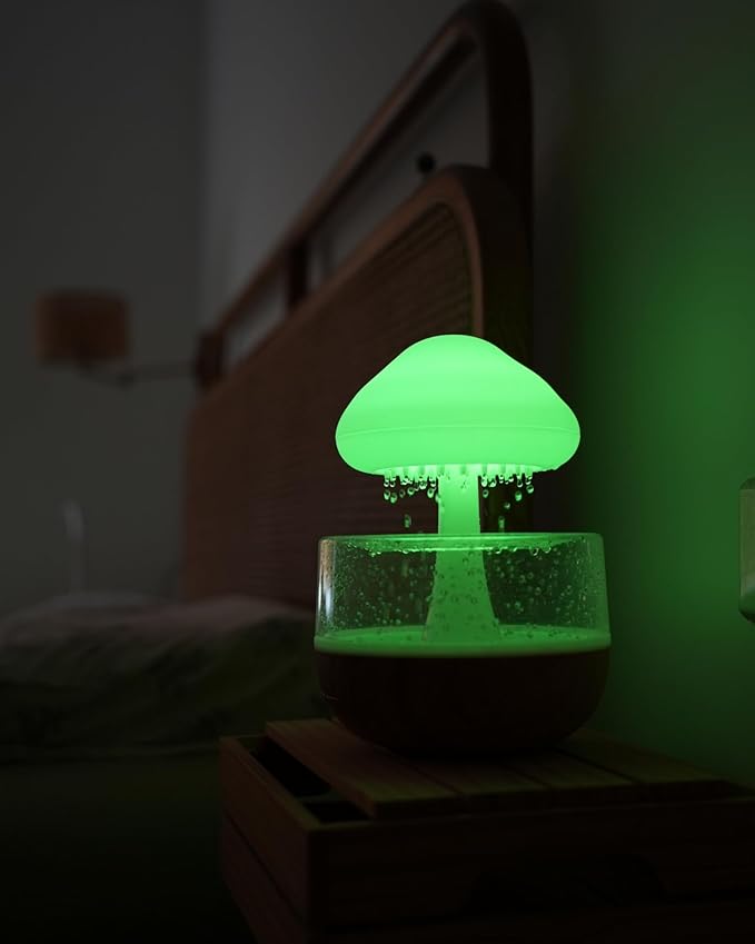 Weljoy Mushroom Cloud Rain Lamp, 7 Color Changing LED Tabletop Fountain with Water Drip Sounds, USB Rechargeable Desk Decor for Home, Office (Wood Grain Base)