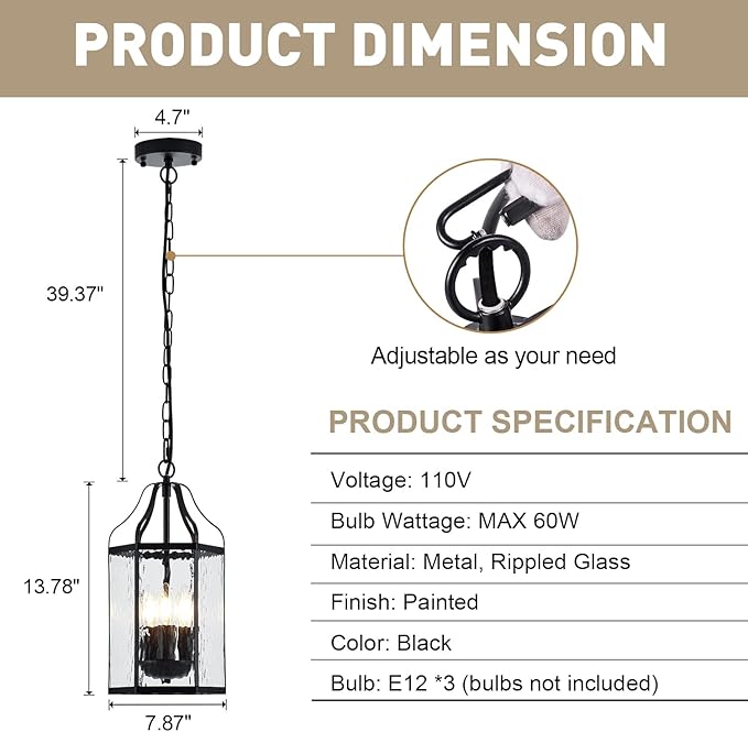 8" Modern 3-Light Exterior Black Lantern Pendant Light Fixture with Clear Rippled Glass Mini Industrial Hanging Cage Chandelier for Outdoor Kitchen Dining Room Hallway Entryway Foyer Porch