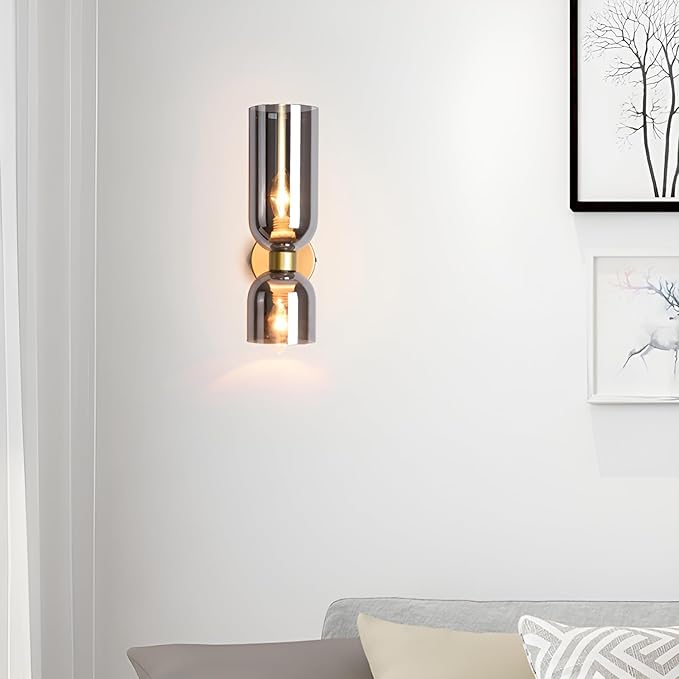 Mid Century Modern Wall Sconce, Gold Wall Light Set of Two 2-Light Modern Wall Lamp Smoke Grey Shade Wall Light for Restaurant Living Room Bedside Stairs Bathroom Mirror (Gold+Smoke Grey)