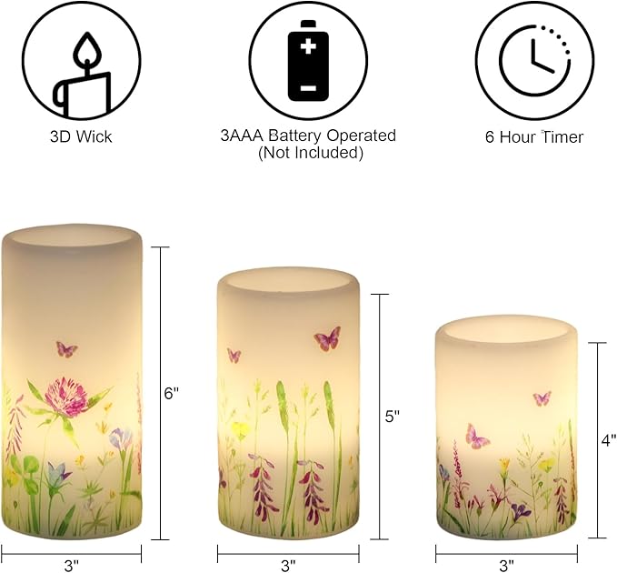 DRomance Butterfly Spring Flameless Candles with 6 Hour Timer Real Wax Battery Operated LED Flickering Pillar Candles Dinner Holiday Home Decor(3 Pack, 3" D x 4", 5", 6" H)
