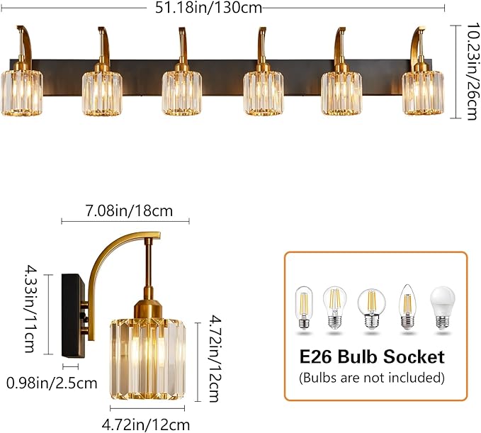 6-Light Crystal Vanity Light, Black Gold Modern Wall Sconce with K9 Crystal Shades, 51.18" Long Over Mirror Lighting for Bathroom, Makeup, Hallway, Elegant & Easy Install