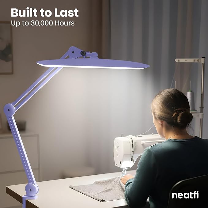 Neatfi XL LED Desk Lamp with Clamp, 2200 Lumens, 20W, 20-Inch Wide Head, Dimmable 4 Brightness Levels, 3 Color Modes 3000K–6000K, Task Light for Home Office, Crafts, Workbench (CCT, Lavender)