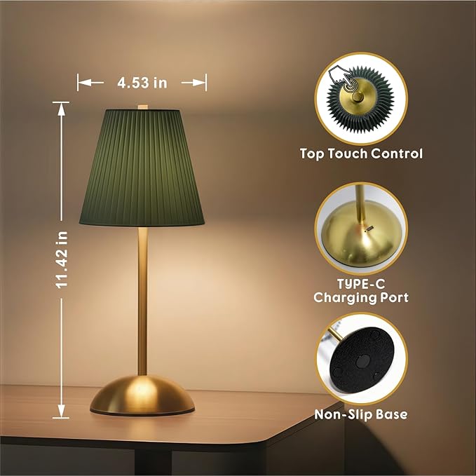 2-Pack Battery Powered Table Lamps Rechargeable, 3CCT & Stepless Dimming, LED Cordless Touch Lamp for Indoor Outdoor Placement on Nightstand Desk Patio, 4.5" W x 11.5" H (Moss Green)